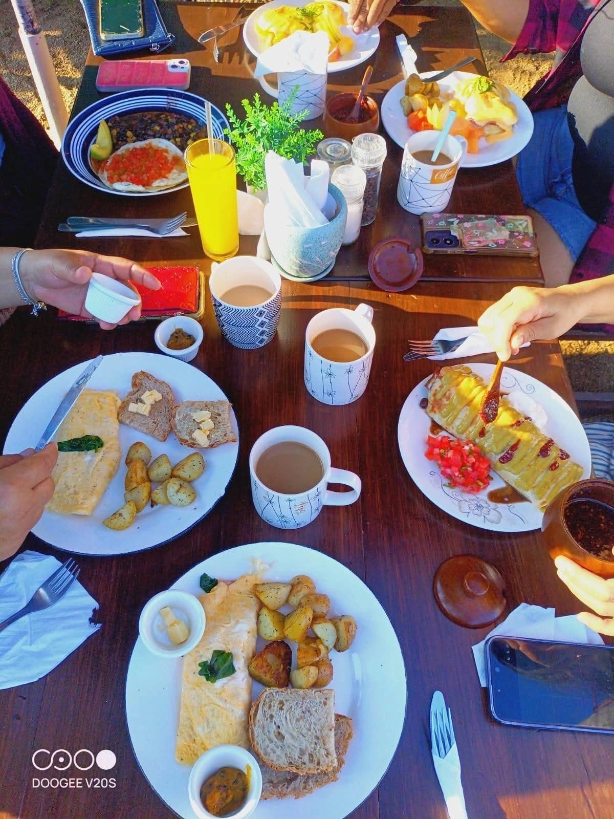 Overhead shared meal brunch table