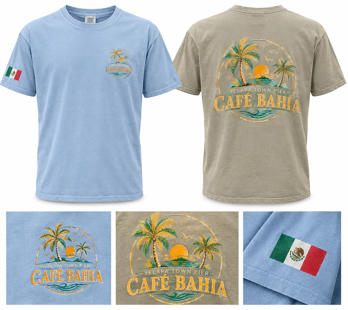 Café Bahia branded t-shirts in ocean blue and desert sand colorways