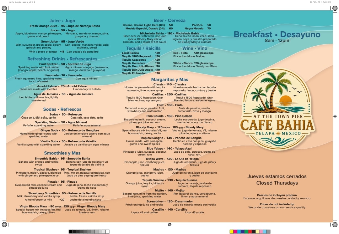 Cafe Bahia Breakfast Menu page 2 — Drinks, Cocktails, Margaritas