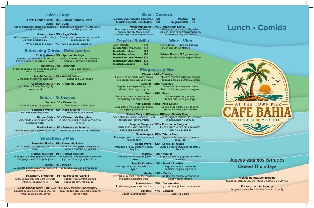 Cafe Bahia Lunch Menu page 2 — Drinks, Juices, Beer, Tequila, Margaritas